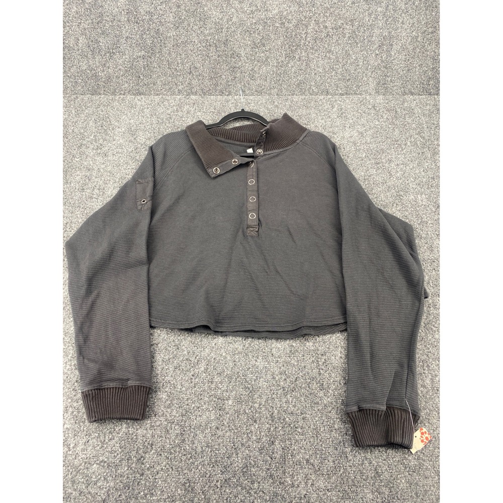 Free People Movement Henley Pullover Sweatshirt Womens L Gray Ribbed Cropped